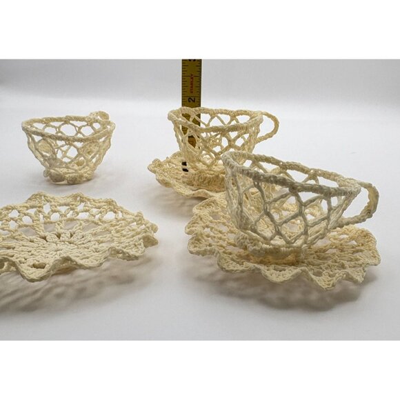 Handmade Crochet 3 Teapots and 3 Tea Cups with Saucers and Doily Set Starched - Picture 14 of 15